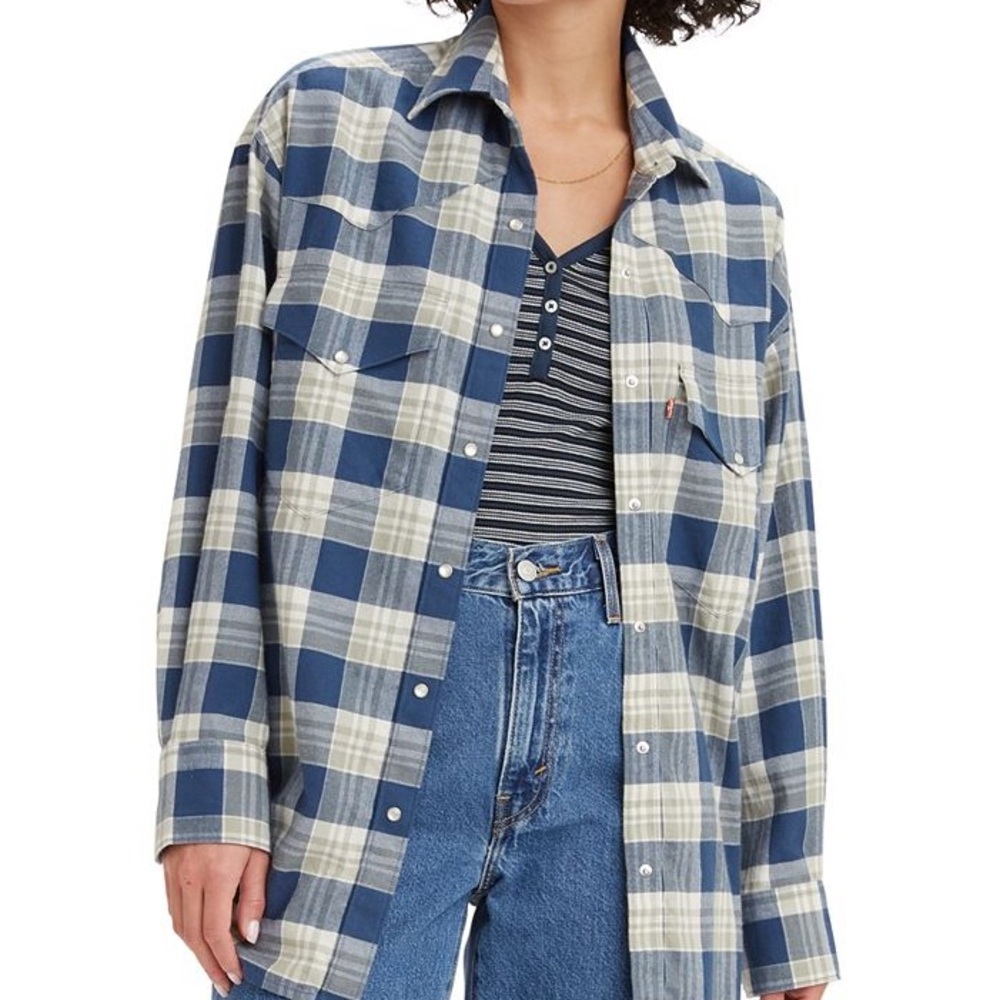 LEVI'S WOMENS DYLAN RELAXED WESTERN SHIRT PEARL SNAPS- SARGASSO SEA